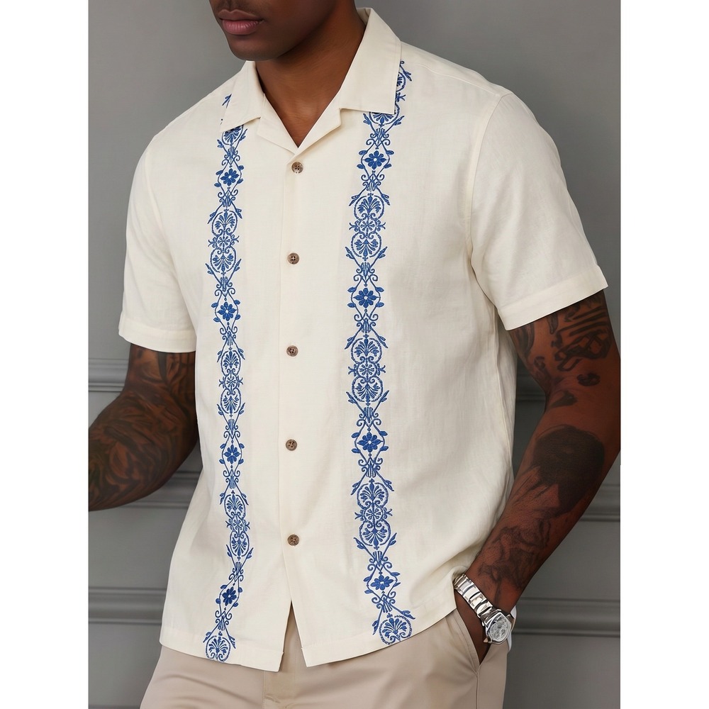 Tommy Bahama Clubhouse TB93 Camp Shirt‎ XL Embroidered Tropical Cream Blue Shirt